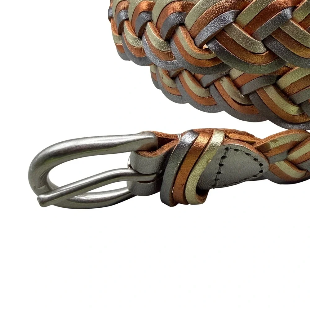 Fossil Womens Braided Leather Belt Metallic Silver Gold Copper Woven BT3816838 M